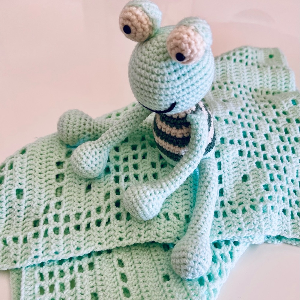 Crocheted Frog Toy with Blanket